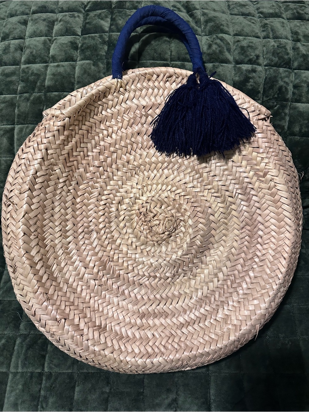 Natural Round Woven Tote with Navy Handle and Tassel